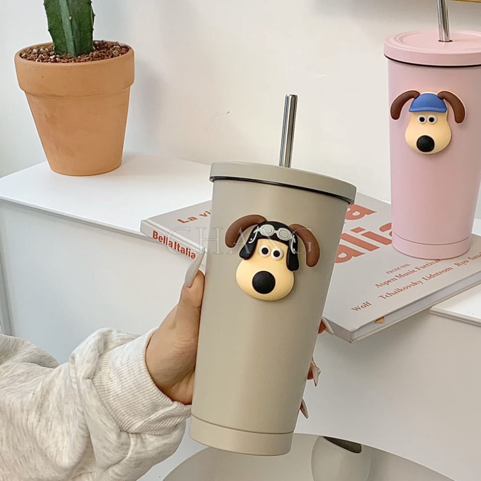Ly Giữ Nhiệt Cute Hình Cún Dung Tích 500ml, 700ml Kèm Ống Hút Và Túi,  MeeTech Official