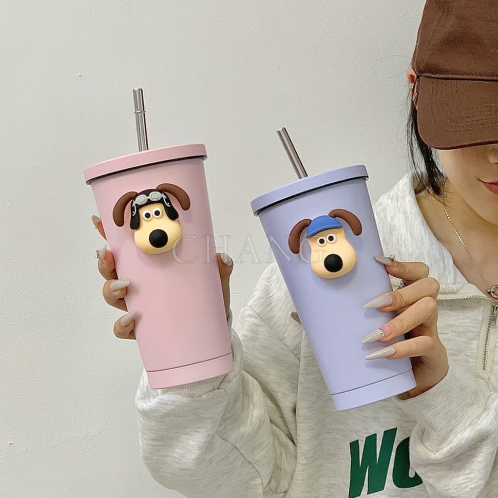 Ly Giữ Nhiệt Cute Hình Cún Dung Tích 500ml, 700ml Kèm Ống Hút Và Túi,  MeeTech Official