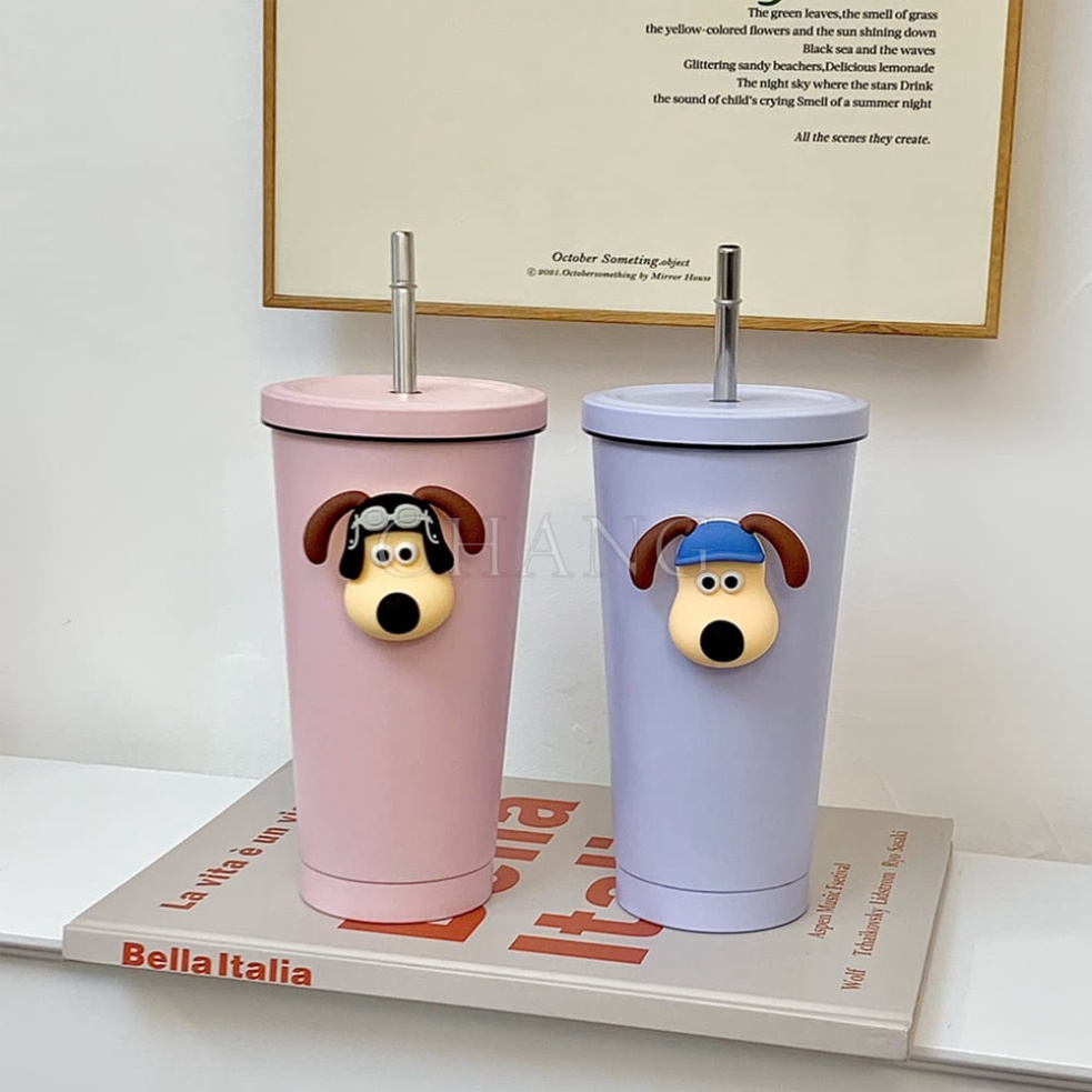 Ly Giữ Nhiệt Cute Hình Cún Dung Tích 500ml, 700ml Kèm Ống Hút Và Túi,  MeeTech Official