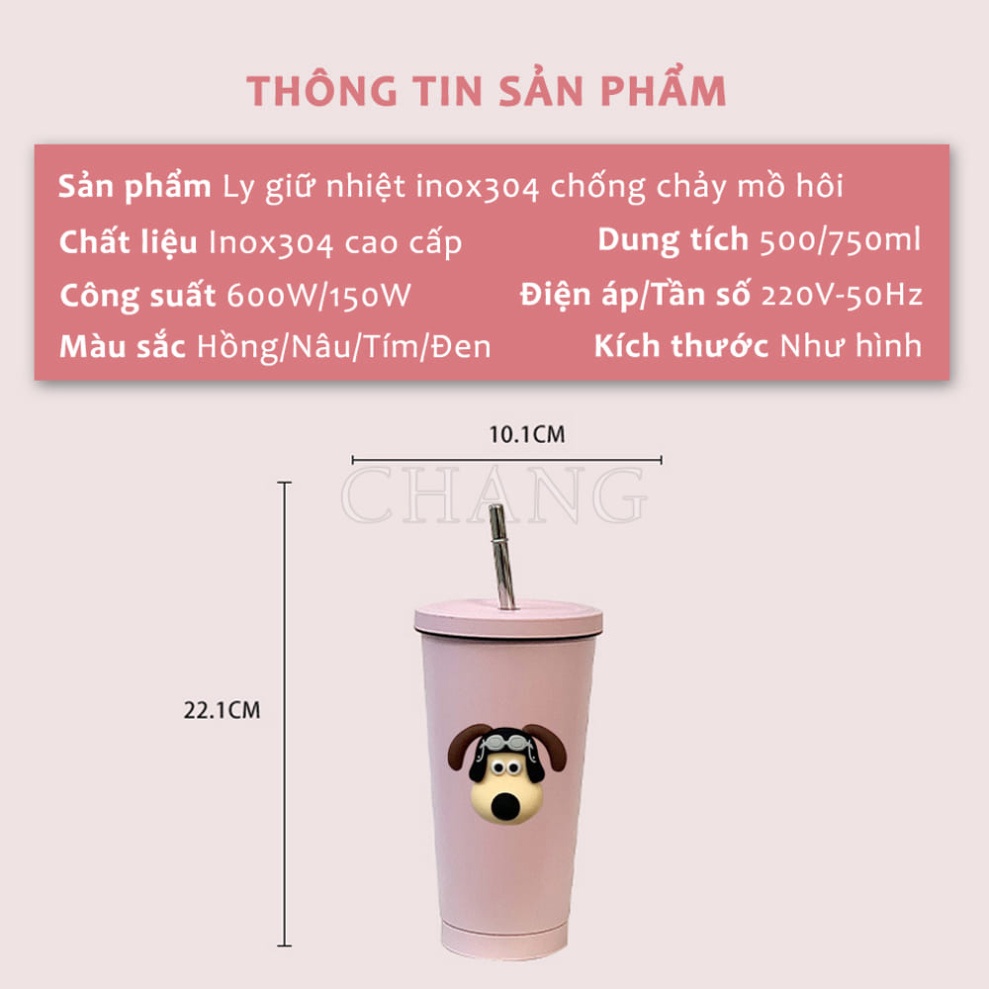 Ly Giữ Nhiệt Cute Hình Cún Dung Tích 500ml, 700ml Kèm Ống Hút Và Túi,  MeeTech Official