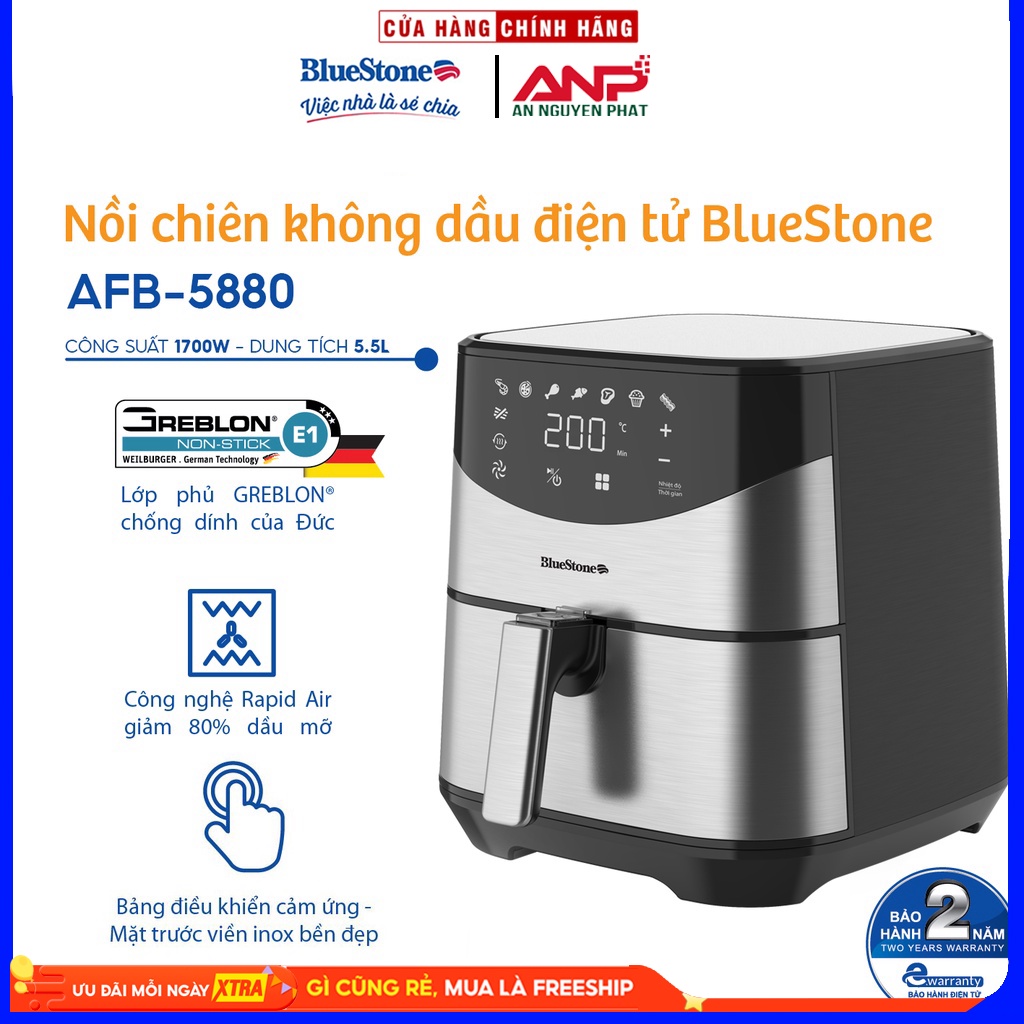 Nồi chiên không dầu điện tử 5.5L BlueStone AFB-5880 - Hàng Chính Hãng Bảo Hành 24 Tháng