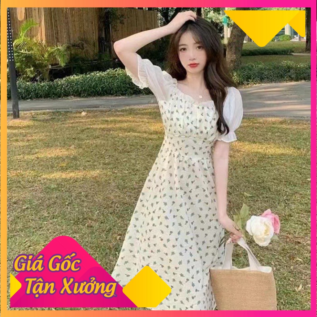 Váy Đầm Hoa Nhí Cổ Vuông Tay Phồng Phong Cách Tiểu Thư Mềm Mại