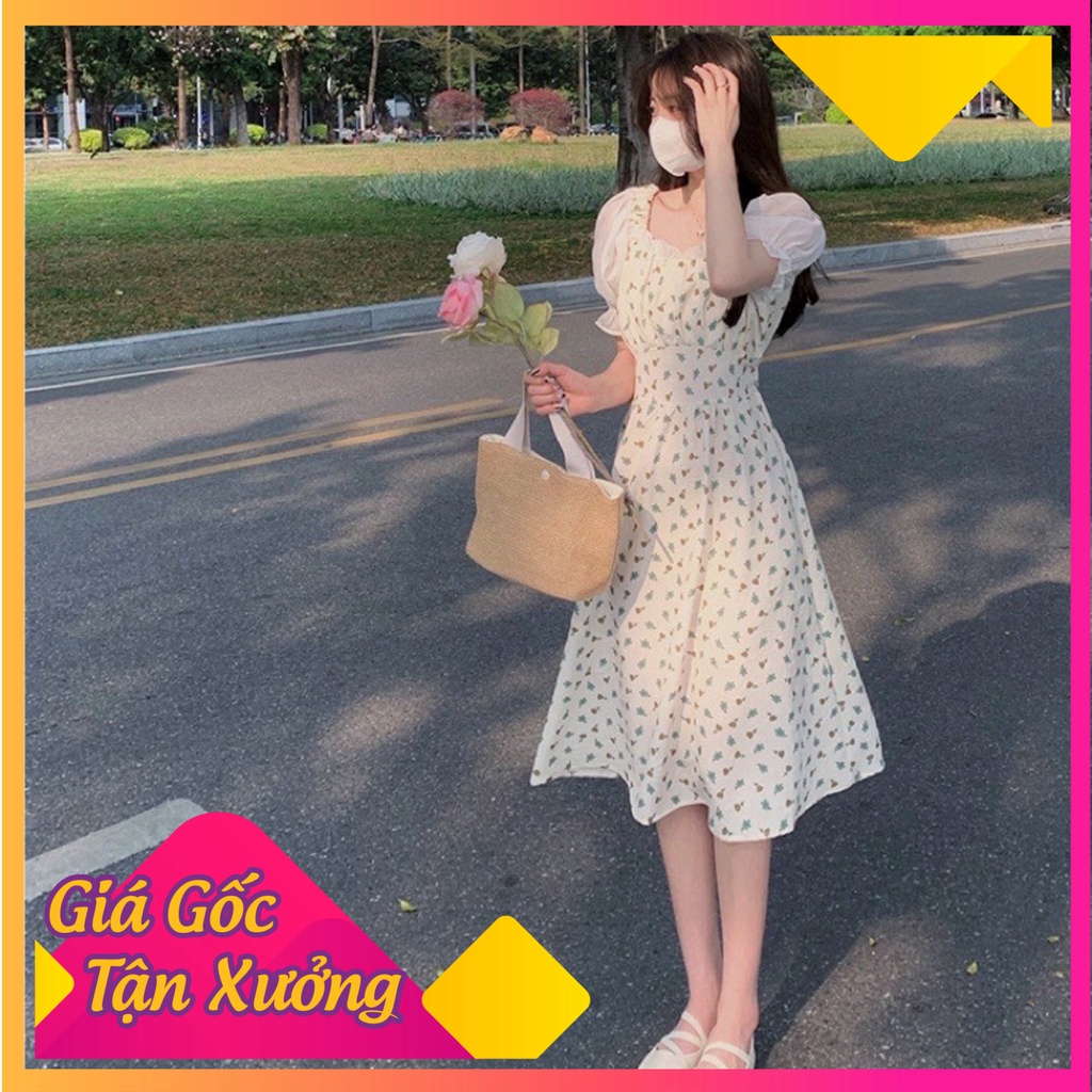 Váy Đầm Hoa Nhí Cổ Vuông Tay Phồng Phong Cách Tiểu Thư Mềm Mại