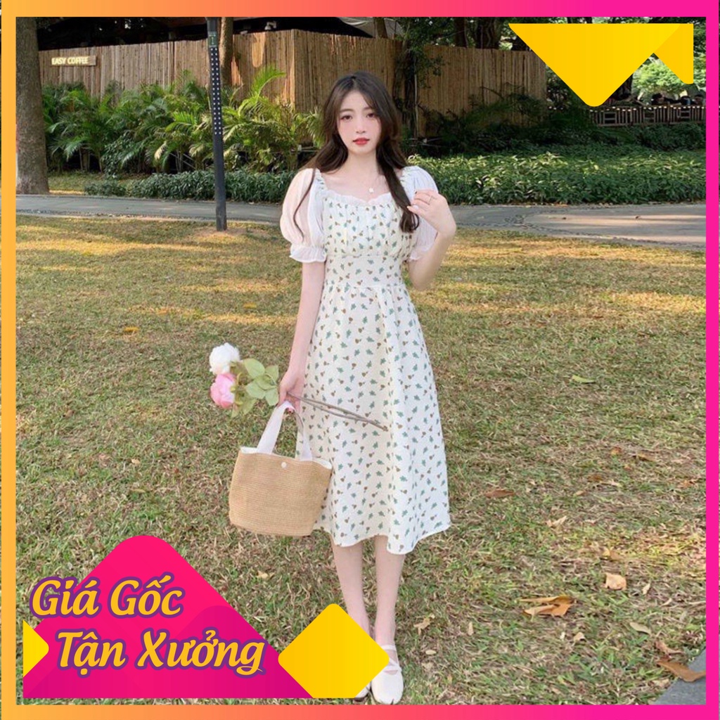 Váy Đầm Hoa Nhí Cổ Vuông Tay Phồng Phong Cách Tiểu Thư Mềm Mại