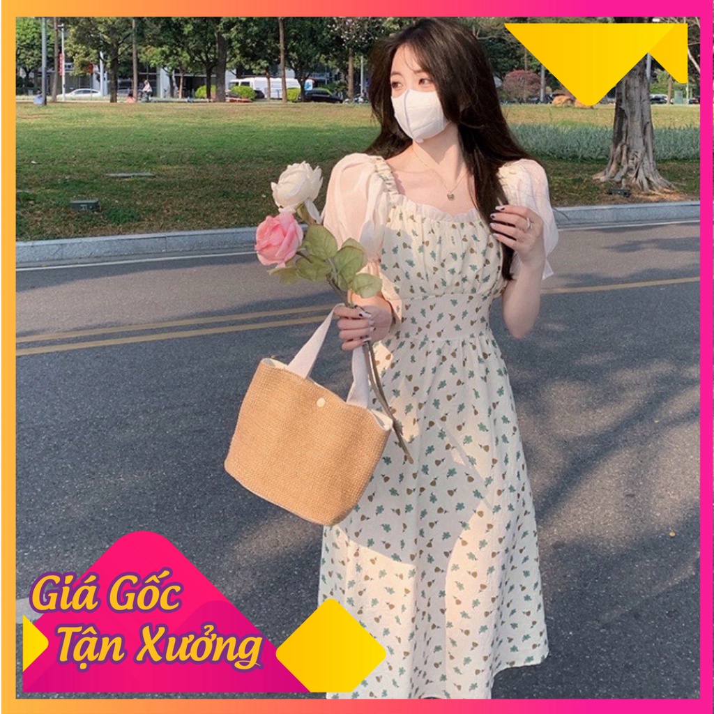 Váy Đầm Hoa Nhí Cổ Vuông Tay Phồng Phong Cách Tiểu Thư Mềm Mại