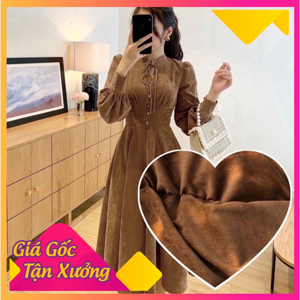 Váy nhung tay bồng nâu tây nơ cổ tiểu thư , đầm thiết kế tay phồng sang chảnh hót nhất