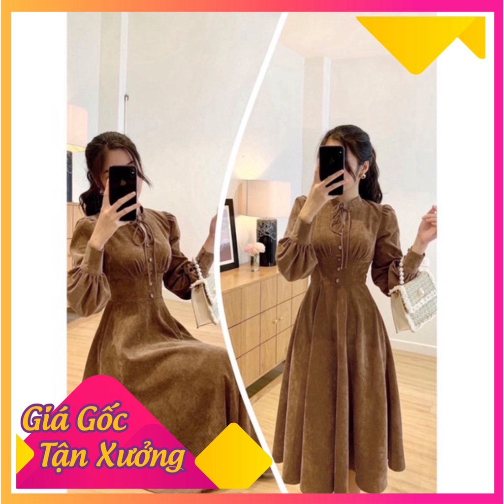 Váy nhung tay bồng nâu tây nơ cổ tiểu thư , đầm thiết kế tay phồng sang chảnh hót nhất