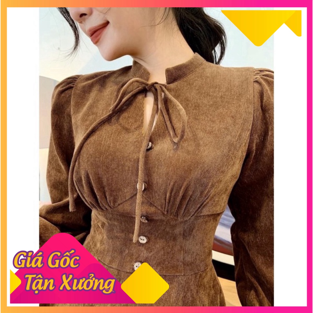 Váy nhung tay bồng nâu tây nơ cổ tiểu thư , đầm thiết kế tay phồng sang chảnh hót nhất