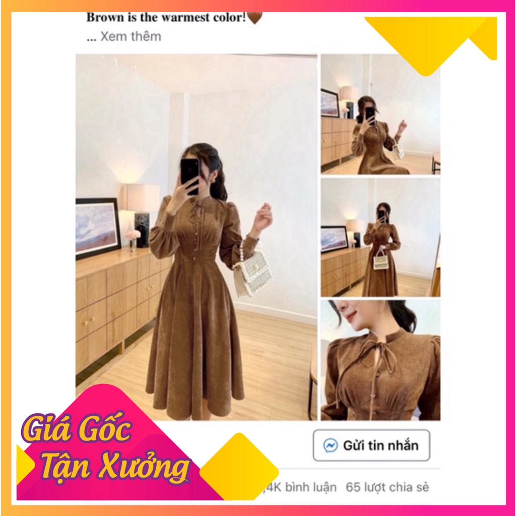 Váy nhung tay bồng nâu tây nơ cổ tiểu thư , đầm thiết kế tay phồng sang chảnh hót nhất