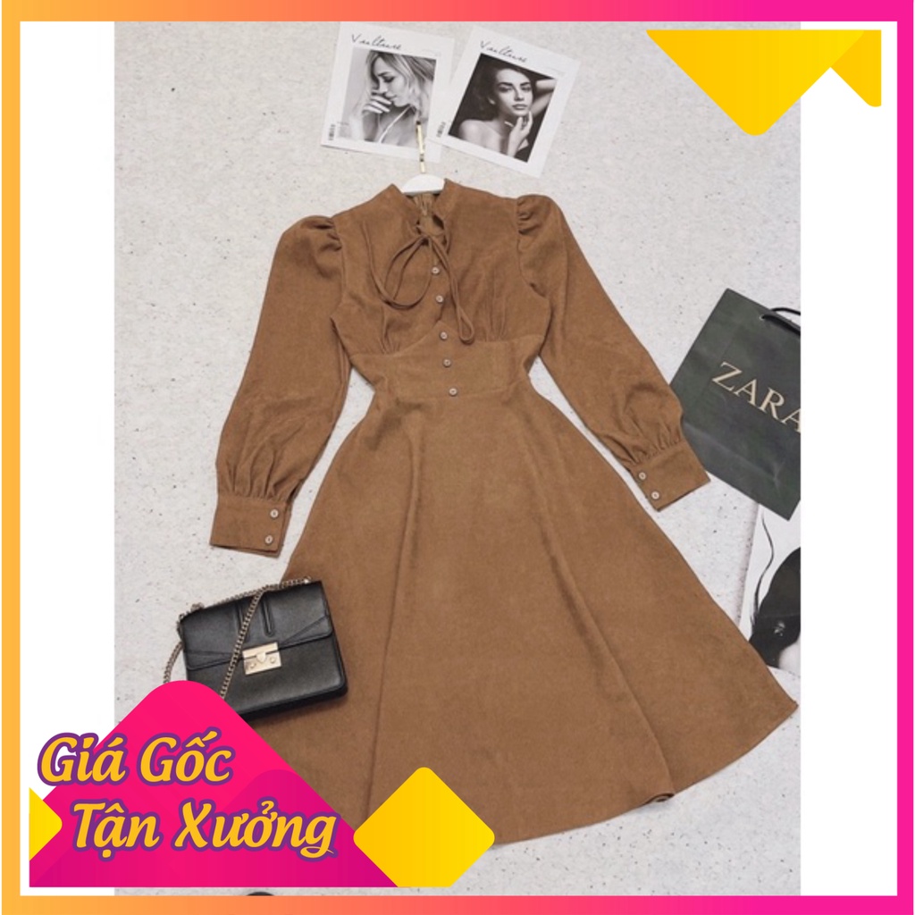 Váy nhung tay bồng nâu tây nơ cổ tiểu thư , đầm thiết kế tay phồng sang chảnh hót nhất