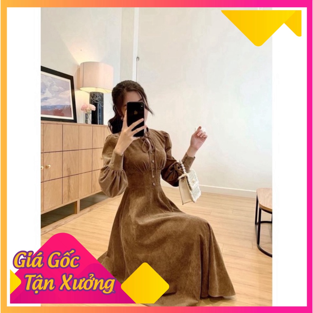 Váy nhung tay bồng nâu tây nơ cổ tiểu thư , đầm thiết kế tay phồng sang chảnh hót nhất