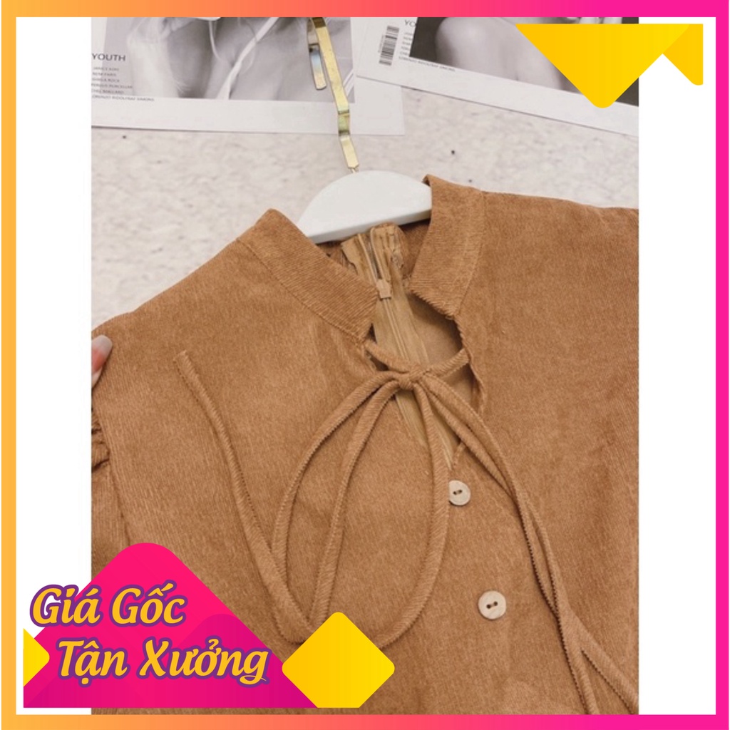 Váy nhung tay bồng nâu tây nơ cổ tiểu thư , đầm thiết kế tay phồng sang chảnh hót nhất