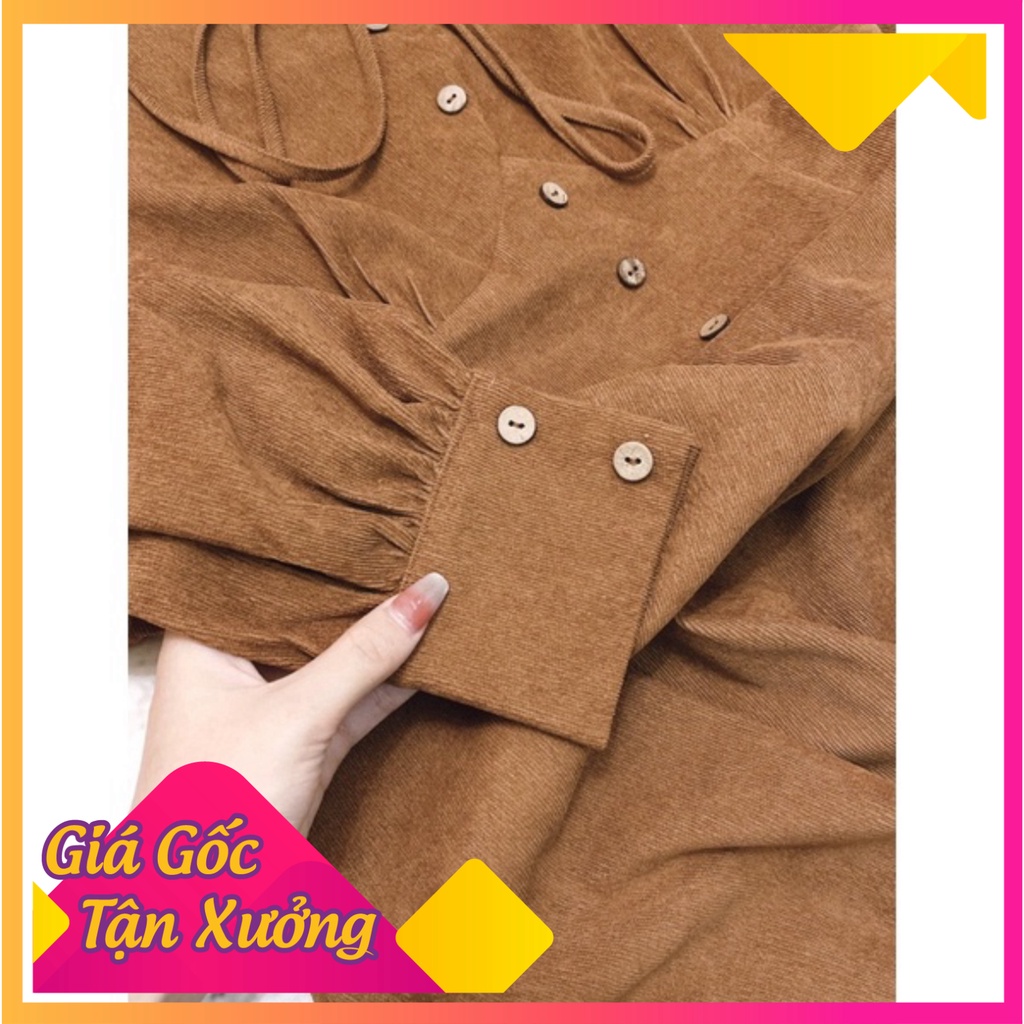 Váy nhung tay bồng nâu tây nơ cổ tiểu thư , đầm thiết kế tay phồng sang chảnh hót nhất