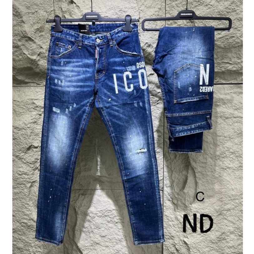 Quần Jean DSQUARED2 Xanh In Chữ ICON Trắng Quần Bò DSQ2 Icon Chấm Sơn Chất Co Giãn.