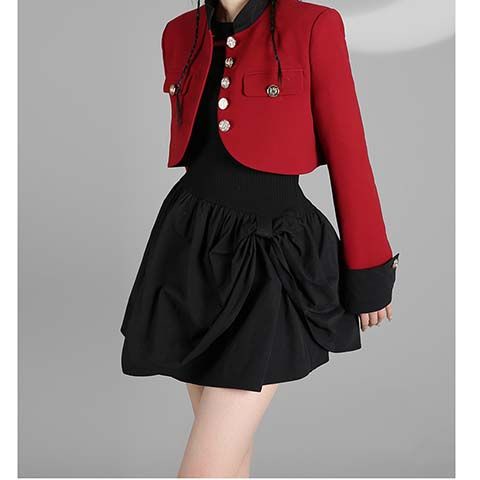 Yuexunchristmas red blazer + Chân Váy Đen Ngắn Phong Cách Cung Điện Mùa Thu Cho Nữ