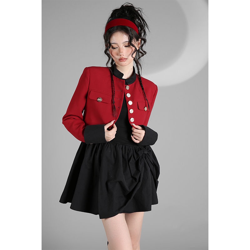 Yuexunchristmas red blazer + Chân Váy Đen Ngắn Phong Cách Cung Điện Mùa Thu Cho Nữ