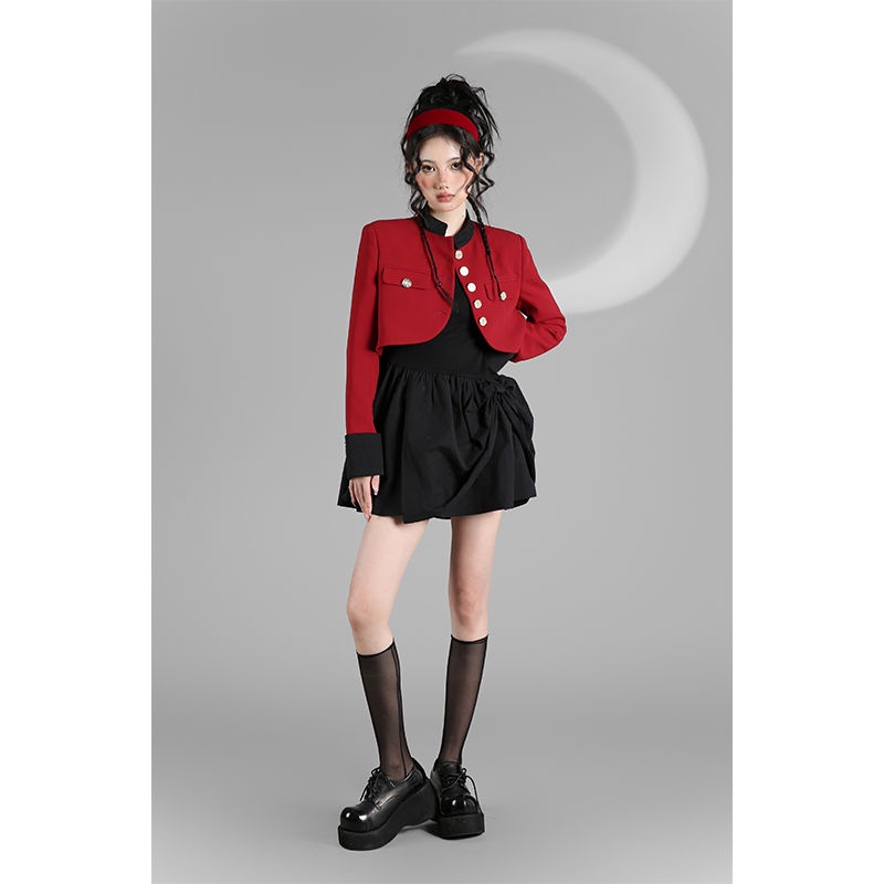Yuexunchristmas red blazer + Chân Váy Đen Ngắn Phong Cách Cung Điện Mùa Thu Cho Nữ