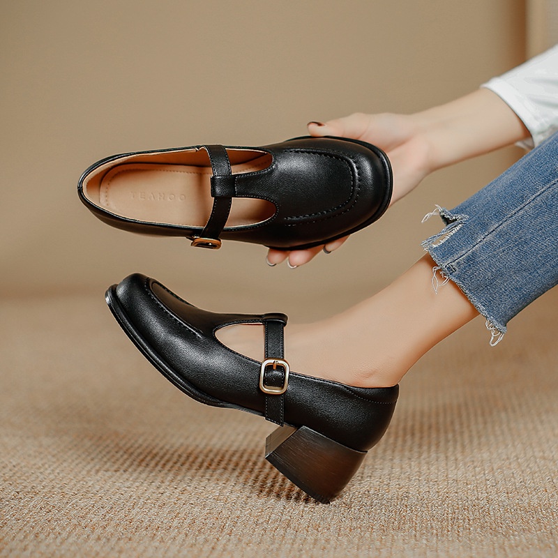 Teahoo Giày Da Mũi Vuông Đế Dày Phong Cách retro Anh Quốc Cho Nữ