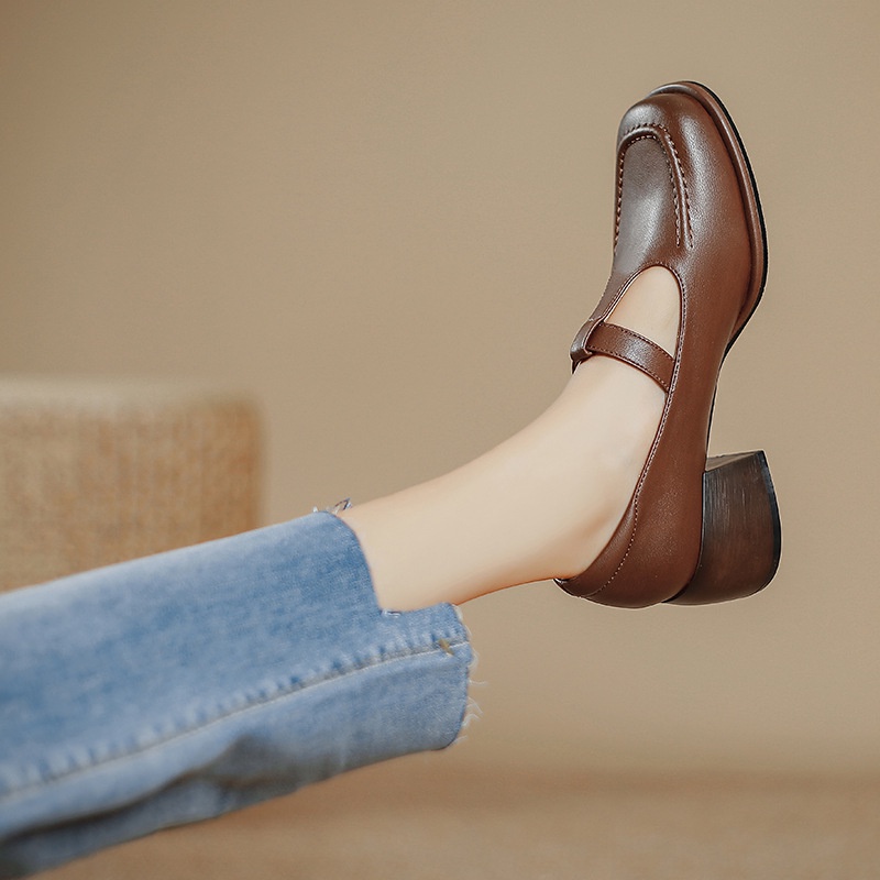 Teahoo Giày Da Mũi Vuông Đế Dày Phong Cách retro Anh Quốc Cho Nữ