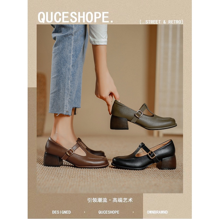 Teahoo Giày Da Mũi Vuông Đế Dày Phong Cách retro Anh Quốc Cho Nữ
