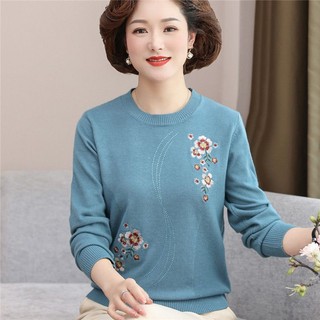 Áo len thêu hoa mùa xuân cho phụ nữ trung niên và cao tuổi, áo len dệt kim cho mẹ trung niên