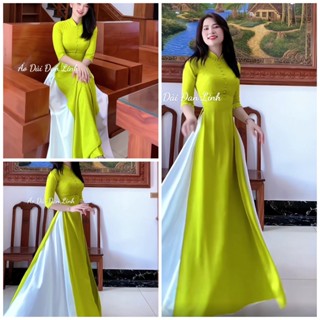 Áo dài lụa màu xanh cốm đính cúc trẻ trung - Áo Dài Đan Linh