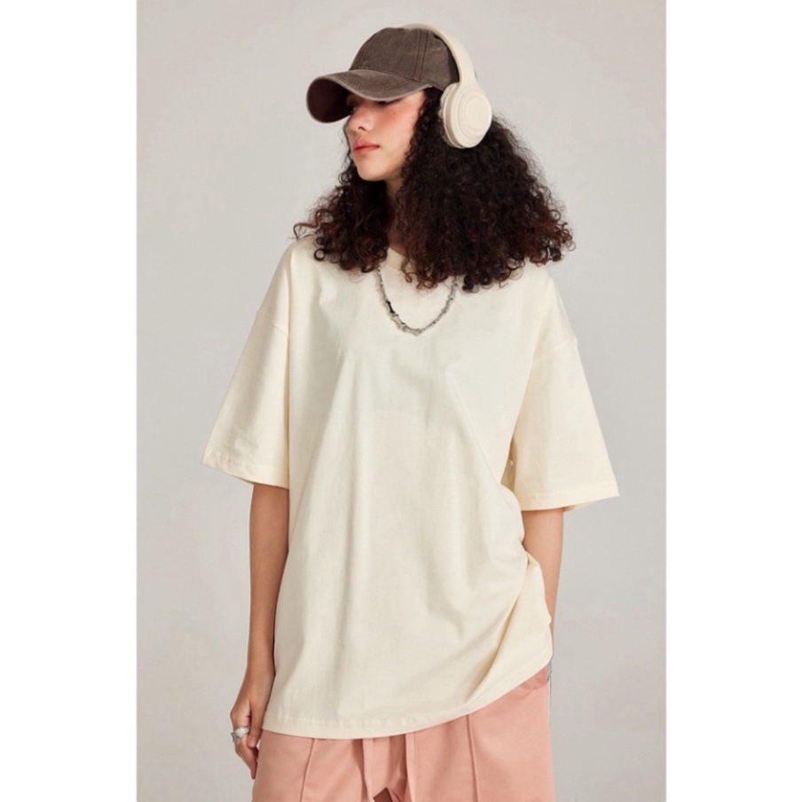 Áo thun trơn nữ form rộng vải cotton cổ hình tròn in basic