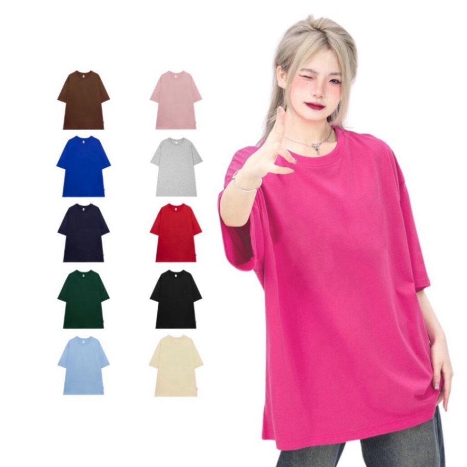 Áo thun trơn nữ form rộng vải cotton cổ hình tròn in basic