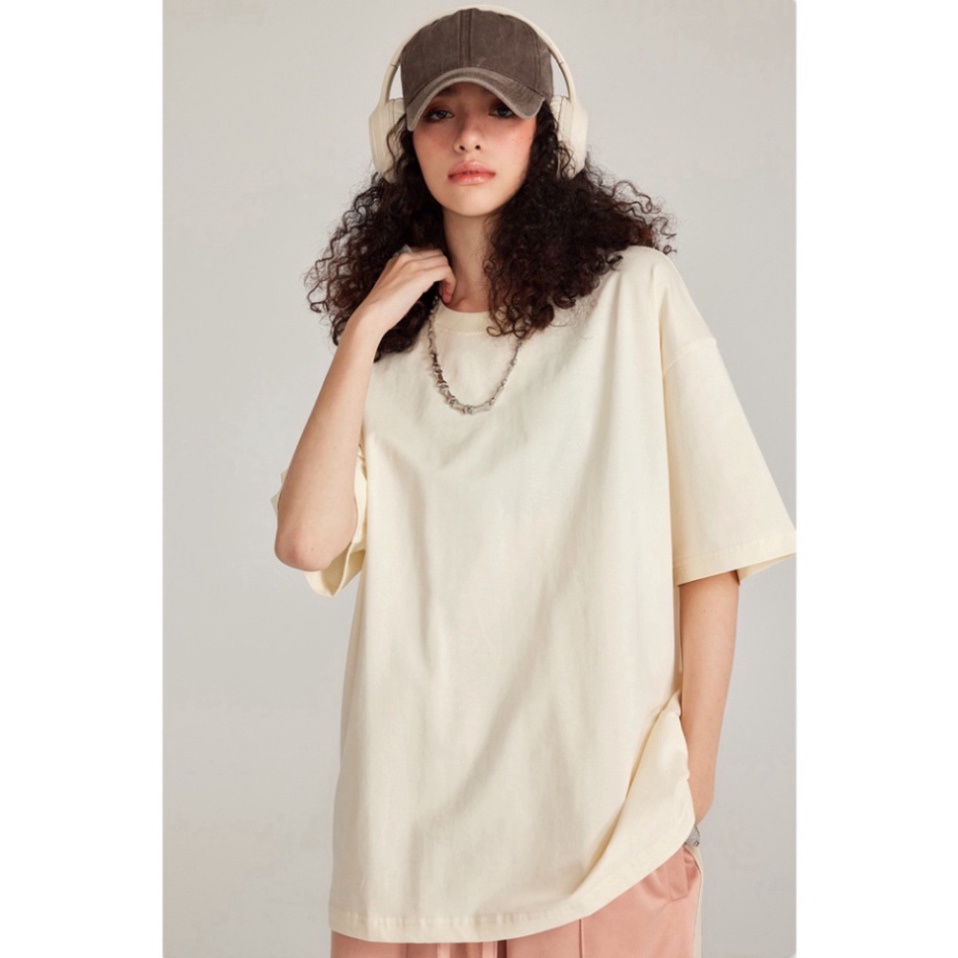 Áo thun trơn nữ form rộng vải cotton cổ hình tròn in basic
