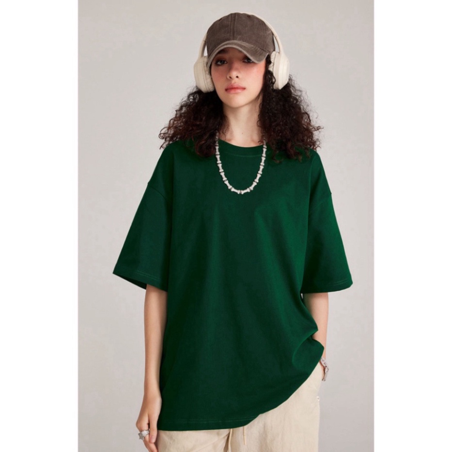 Áo thun trơn nữ form rộng vải cotton cổ hình tròn in basic
