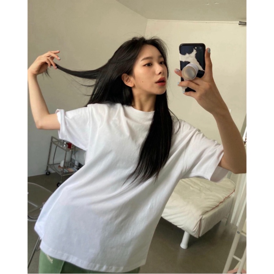 Áo thun trơn nữ form rộng vải cotton cổ hình tròn in basic