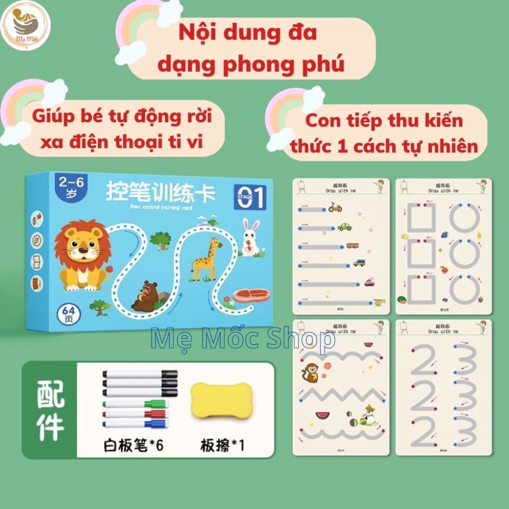 Combo Tập Tô Vẽ thông thái Xóa Được 64 Trang Tặng 6 Bút, Học Liệu Montessori công cụ giải trí dạy dỗ Cho Bé 2 3 4 5