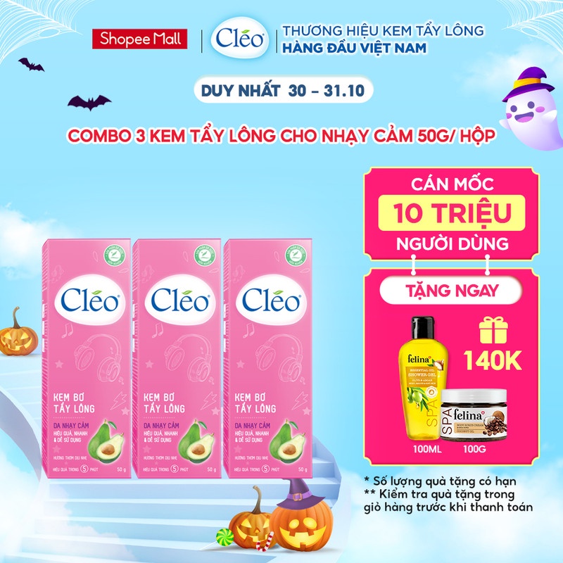 Combo 3 hộp Kem Tẩy Lông Cho Da Nhạy Cảm Cléo Avocado Hair Removal Cream Sensitive Skin 25g/ hộp