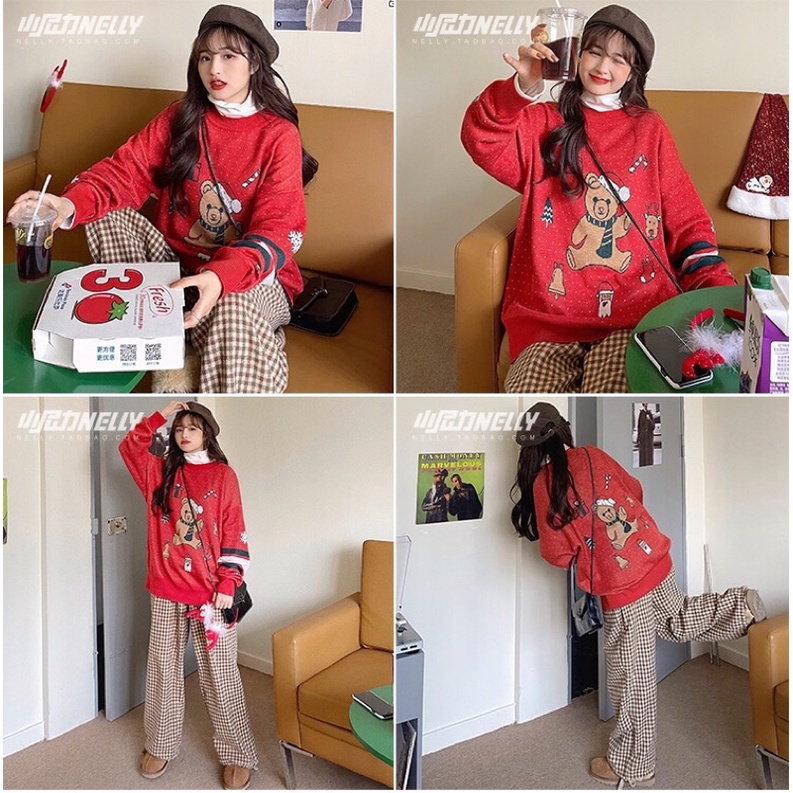 Áo len nelly sale  29 len đỏ gấu nâu heynelly