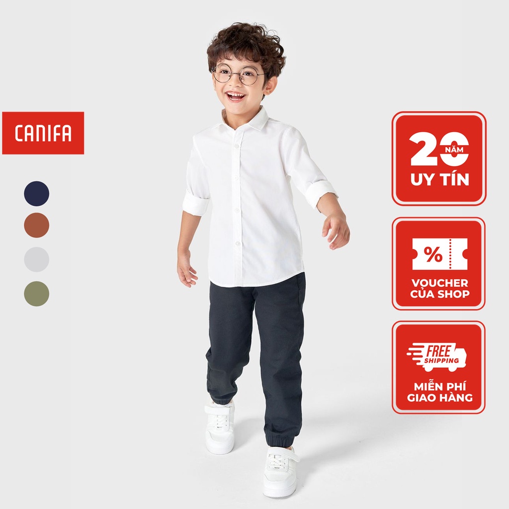 Quần khaki bé trai CANIFA chất liệu cotton spandex, cạp chun luồn dây dệt, túi chéo, dáng jogger 2BK22W001