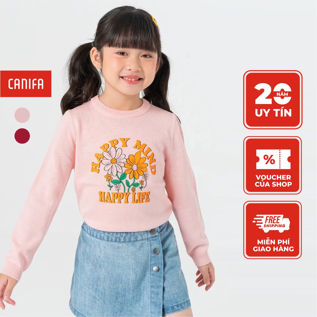 Áo len bé gái CANIFA cổ tròn dài tay họa tiết dễ thương 1TE22W013