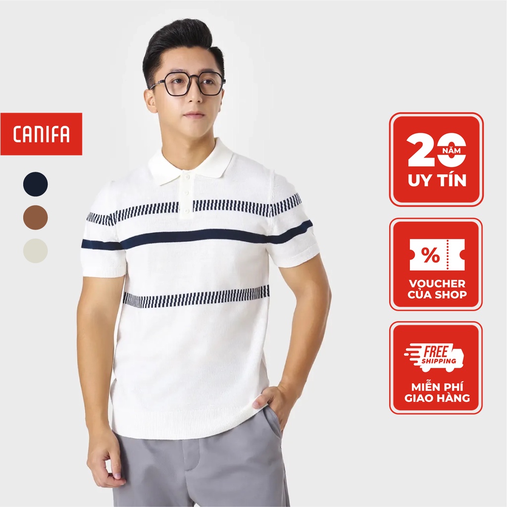 Áo len nam CANIFA cổ sơ mi cộc tay kẻ sọc 8TE23W005