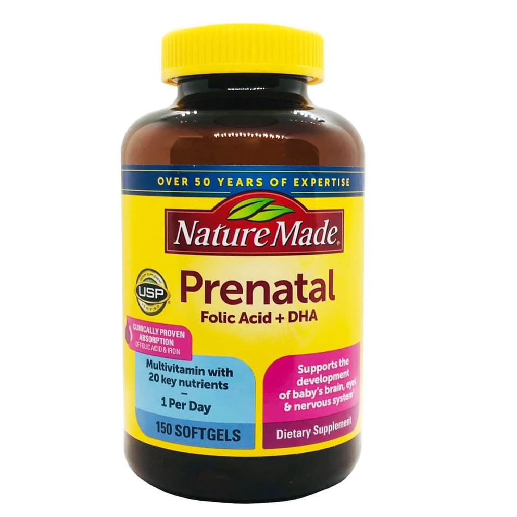 Vitamin tổng hợp cho bà bầu Nature Made Prenatal Folic Acid + DHA hộp 150 viên Quatangme1