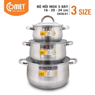 Bộ 03 nồi inox 5 đáy COMET CH36-01 16cm, 20cm, 24cm, Inox với chất lượng bền bỉ, Nắp nồi thủy tinh - Bảo Hành 12 Tháng