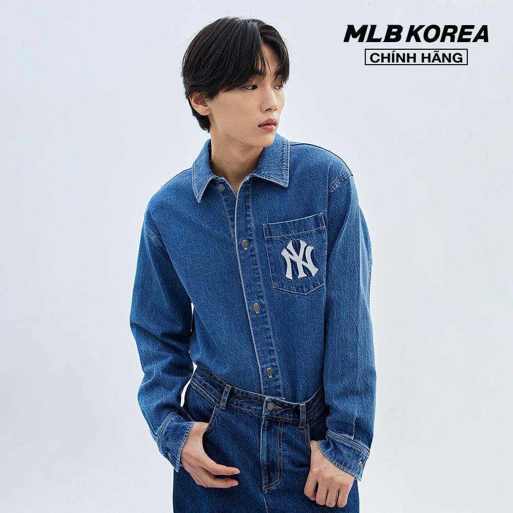 MLB - Áo sơ mi denim unisex cổ bẻ tay dài phom suông thời trang 3ADRR0134-50INS