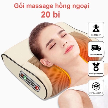 Gối massage cổ vai gáy, máy massage hồng ngoại 20 bi cao cấp xoay đảo chiều, tiết kiệm năng lượng