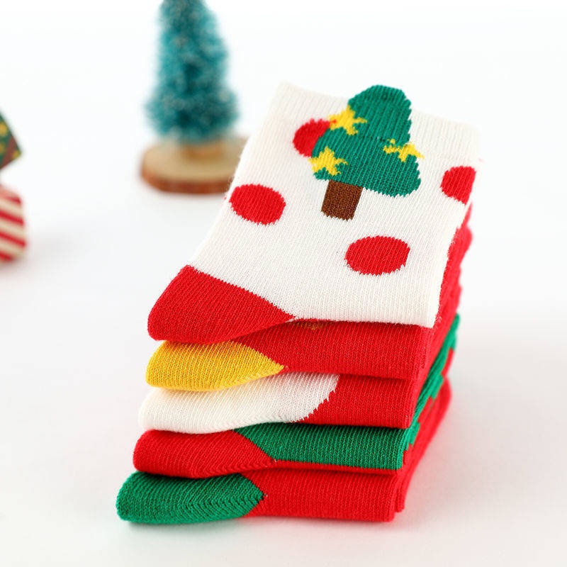 V th - Vớ cotton Dày Cổ Vừa Màu Đỏ Giáng Sinh Thời trang Thu Đông Dành Cho Bé Trai Bé Gái