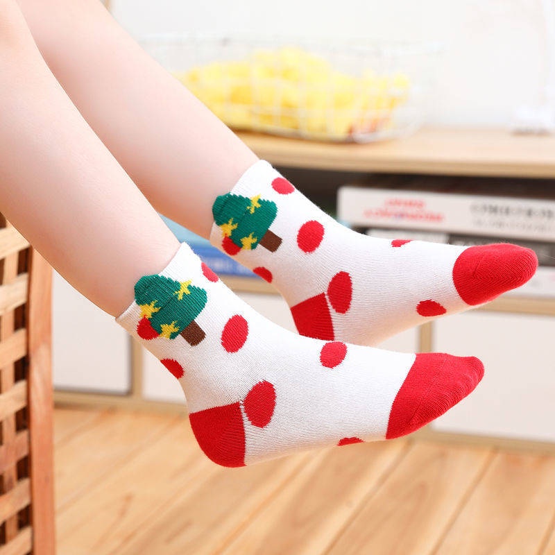 V th - Vớ cotton Dày Cổ Vừa Màu Đỏ Giáng Sinh Thời trang Thu Đông Dành Cho Bé Trai Bé Gái