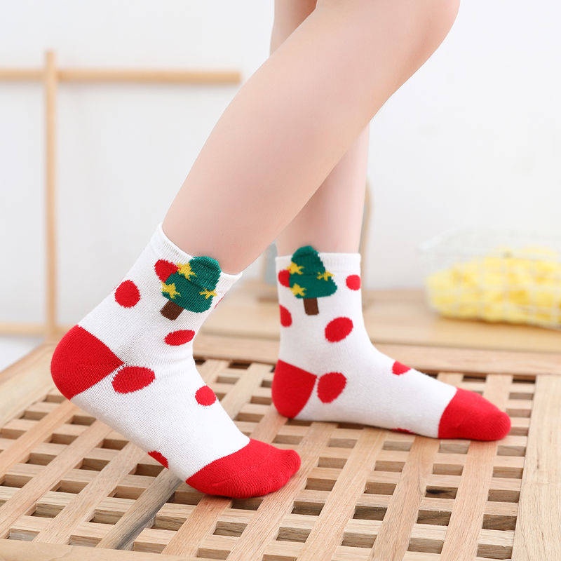 V th th / trang tr Vớ cotton Dày Cổ Vừa Màu Đỏ Phong Cách Giáng Sinh Thời trang Thu Đông Cho Bé Trai Bé Gái