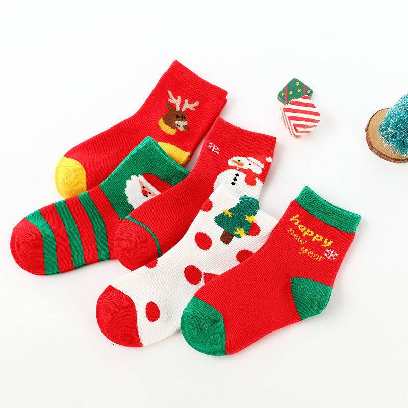 V th th / trang tr Vớ cotton Dày Cổ Vừa Màu Đỏ Phong Cách Giáng Sinh Thời trang Thu Đông Cho Bé Trai Bé Gái
