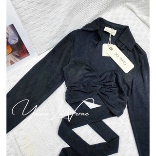 Áo dài tay xoắn ngực cột dây eo cổ sơmi thun nhũ croptop - A0U quần áo nữ hottrend