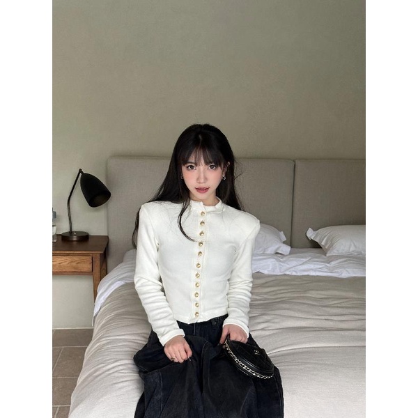 Áo Khoác cardigan Dệt Kim Dáng Ôm Cài Nút Kim Loại Cao Cấp