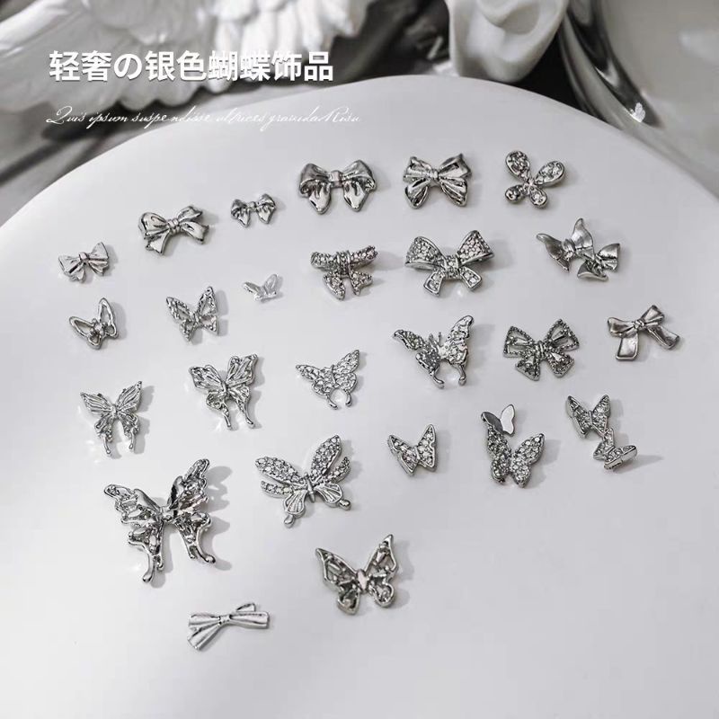 Tổng hợp charm bươm charm nơ nail màu bạc kim loại gắn trang trí móng mới