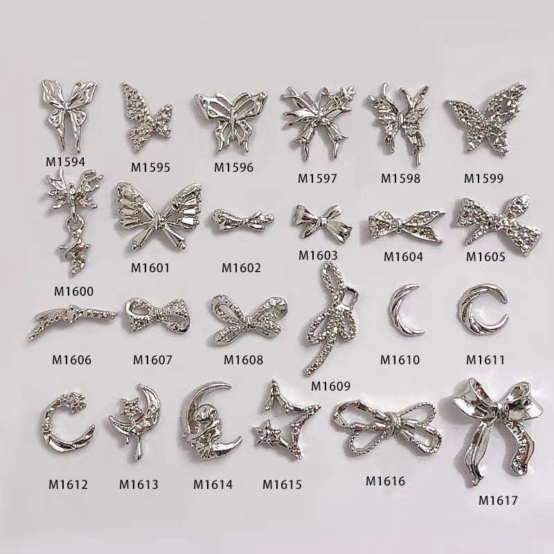 Tổng hợp charm bươm charm nơ nail màu bạc kim loại gắn trang trí móng mới