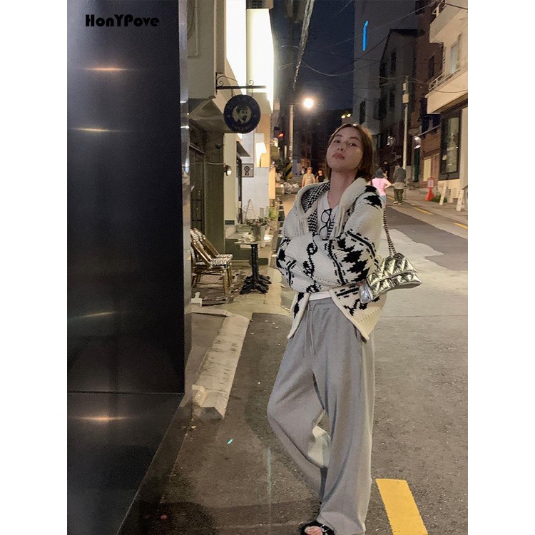 Honypove Áo Khoác sweater Có Mũ Trùm Dáng Rộng Vải Len Dày Hai Màu Sắc Tương Phản Ấm Áp Kiểu retro Giáng Sinh